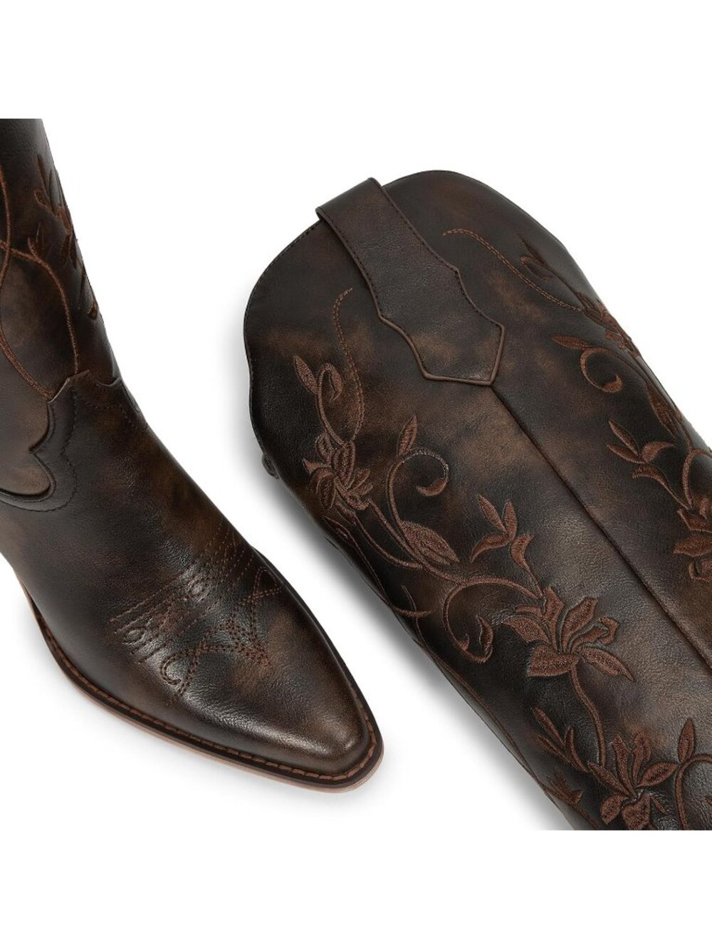 Women's Knee High Cowgirl Boots Vintage Brown Retro Embroidered Chunky Heels - Picture 5 of 6